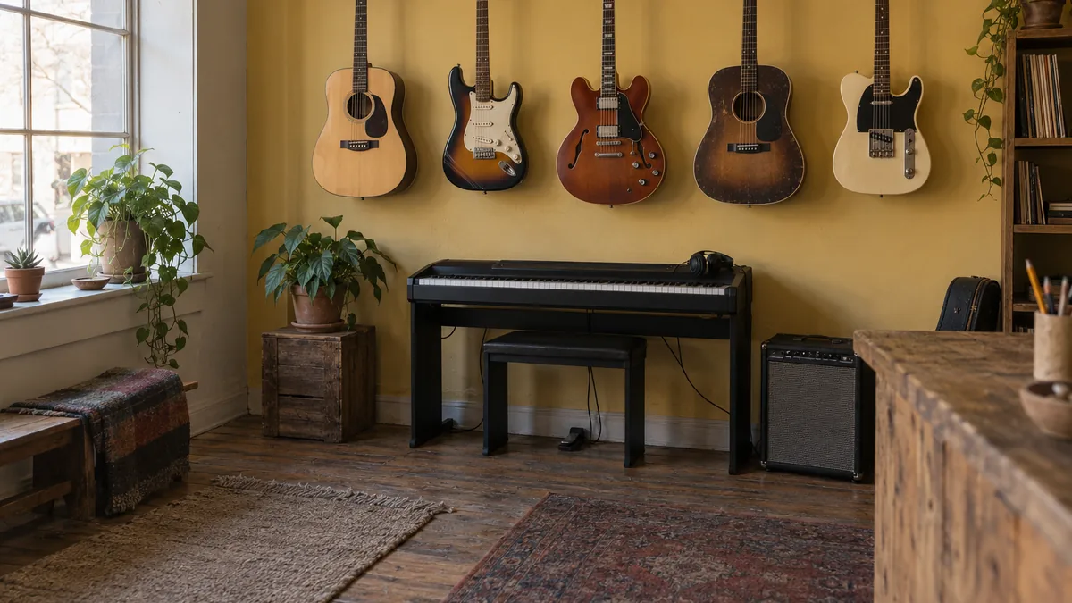 Ảnh minh họa: góc cửa hàng với guitar treo tường và đàn piano điện