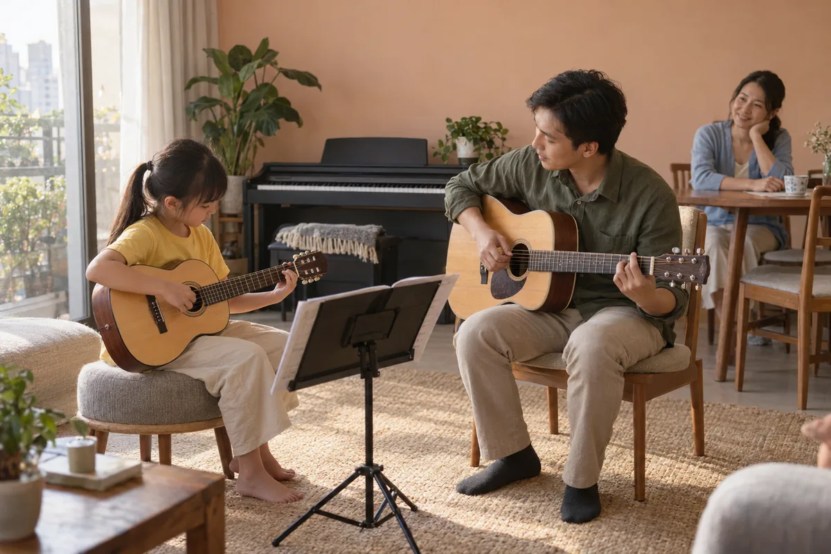 Ảnh minh họa: gia sư dạy bé gái chơi guitar tại nhà, mẹ ngồi xem phía sau