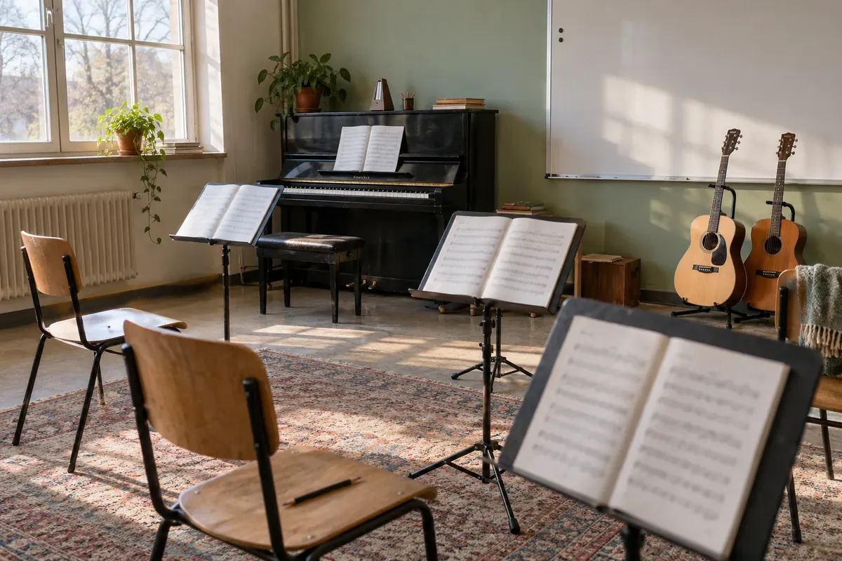 Phòng học nhạc trong trường với đàn piano, guitar và giá nhạc